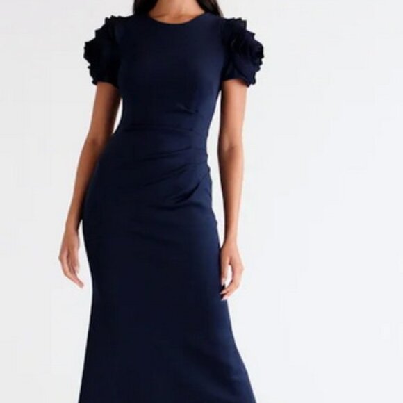 Xscape Navy Blue Ruffle Short Sleeve Scuba Knit Gown - Picture 1 of 5